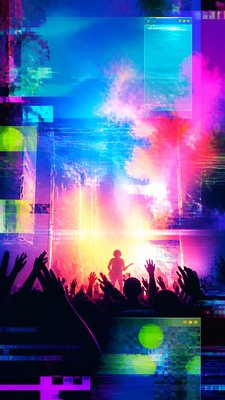 a live music scene with a glowing stage and silhouetted crowd, energetic vertical composition with open space at the top, no text
