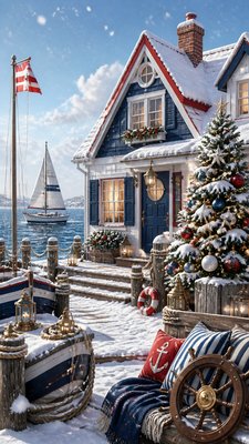 a snow-covered cottage with warm glowing windows beside a decorated pine tree, gentle snowfall, no text