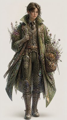 full-body original character: a wandering botanist with a satchel of plants, a patched green cloak, tall boots and round glasses, neutral background
