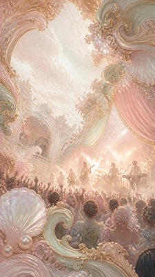 a live music scene with a glowing stage and silhouetted crowd, energetic vertical composition with open space at the top, no text
