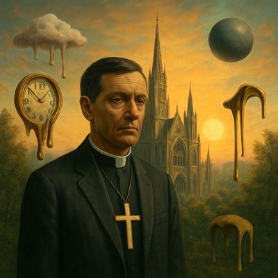 A human pastor wearing a suit with a big cross necklace, standing in front of a beautiful cathedral in a forest city as the sun rises in the distance