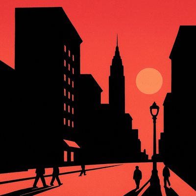 a painting of people walking down a city street