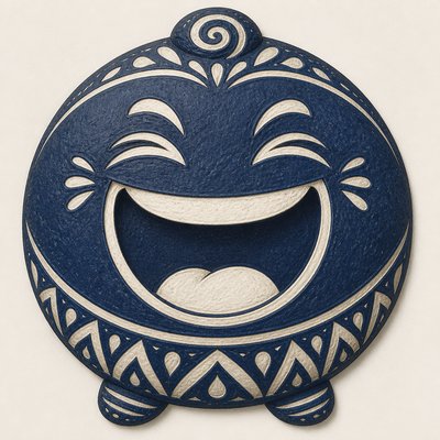 an exaggerated laughing face of an original round mascot character, bold and readable at small size, plain background, no text