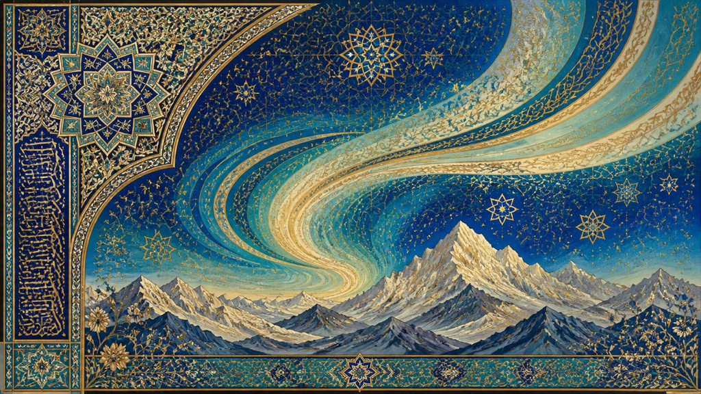 a flowing aurora over snowy peaks, wide sweeping composition, no people, no text