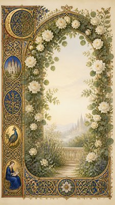 an arch of white roses and eucalyptus in soft morning light, elegant vertical composition with open space, no text