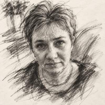 a black and white drawing of a woman's face