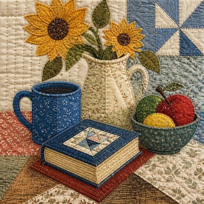still life with everyday objects — Quilt Art Style