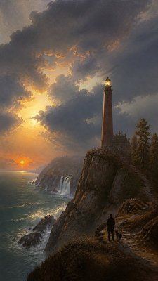 a lone lighthouse on a cliff at dusk under a dramatic sky, no text or lettering