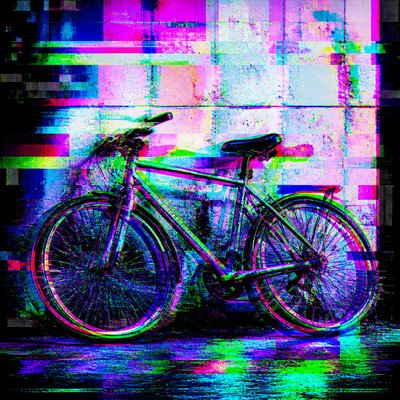 bicyle resting against a wall — Digital Glitch Modern Art Style