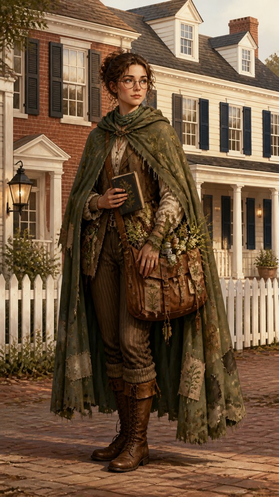 full-body original character: a wandering botanist with a satchel of plants, a patched green cloak, tall boots and round glasses, neutral background