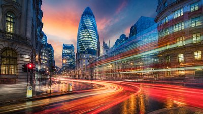 bustling city street panorama at dusk