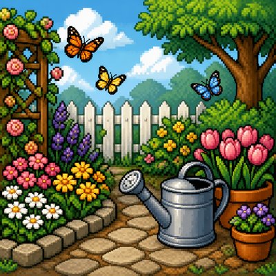a garden scene with butterflies, flowers and a watering can, clean uncolored line art, no text