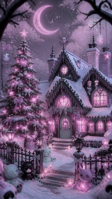 a snow-covered cottage with warm glowing windows beside a decorated pine tree, gentle snowfall, no text