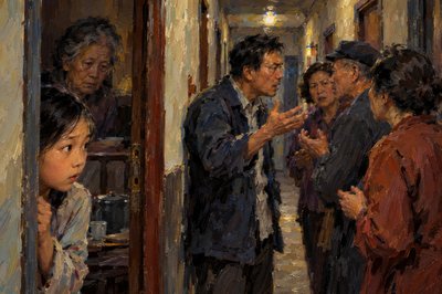 Paint this scene fo rme:  Siu-Zi and her Father were locked in their apartment for a very long time, unable to go outside. They scarcely had enough water to drink, and not nearly enough food to eat. After those terrible days, a deep, silent sorrow had settled over the family. Siu-Zi’s Father and Grandmother were now the adults in her life, and it seemed as if they were at a loss for what to do.  Siu-Zi's Father was very unhappy, not only about the death of his wife and father-in-law, but also about the way the family had been treated by the government officials.  Siu-Zi heard him talking to their neighbor in the hallway outside their apartment, and thought to herself that she had never before heard Father complain about anything. As they talked, two other neighbors came out of their apartments.  The conversation became loud, and it seemed to Siu-Zi that everyone was very upset.
