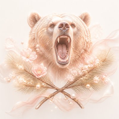 a roaring bear head above crossed pine branches, bold graphic composition on a plain background, no text