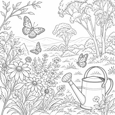 a garden scene with butterflies, flowers and a watering can, clean uncolored line art, no text