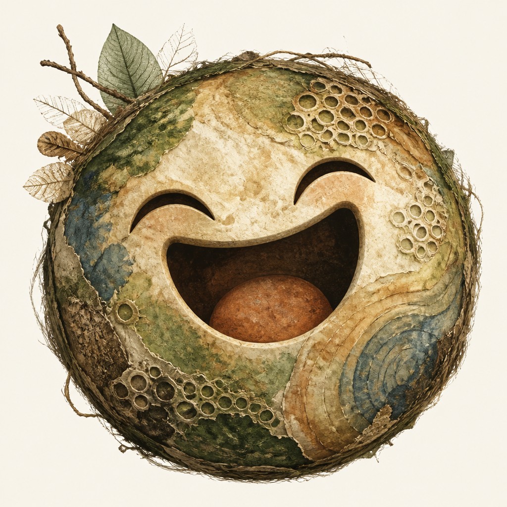 an exaggerated laughing face of an original round mascot character, bold and readable at small size, plain background, no text