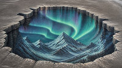 a flowing aurora over snowy peaks, wide sweeping composition, no people, no text