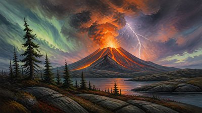 an erupting volcano with lightning strikes, dramatic wide composition, no text