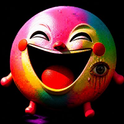 an exaggerated laughing face of an original round mascot character, bold and readable at small size, plain background, no text