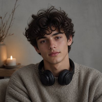 head-and-shoulders portrait of an original character: a young man with curly dark hair and headphones around his neck, plain backdrop, no text