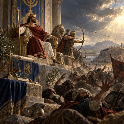 Psalms 45:5-6 (JPS)
5 (45:6) Thine arrows are sharp - the peoples fall under thee - they sink into the heart of the king's enemies.
6 (45:7) Thy throne given of God is for ever and ever; a sceptre of equity is the sceptre of thy kingdom.
