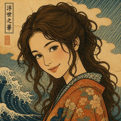 head-and-shoulders portrait of an original character: a young woman with wavy chestnut hair and a warm smile, plain soft backdrop