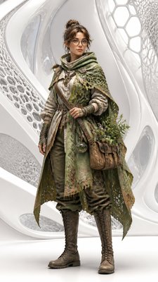 full-body original character: a wandering botanist with a satchel of plants, a patched green cloak, tall boots and round glasses, neutral background