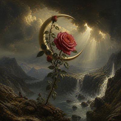 a rose entwined with a crescent moon, clean balanced composition on a plain background, no text