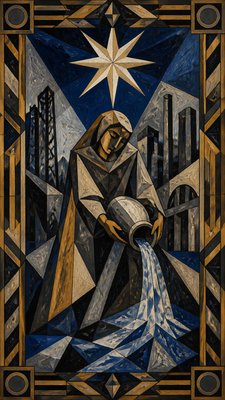 a robed figure pouring water beneath a large eight-pointed star in a night sky, symmetrical composition with an ornate decorative border, no text