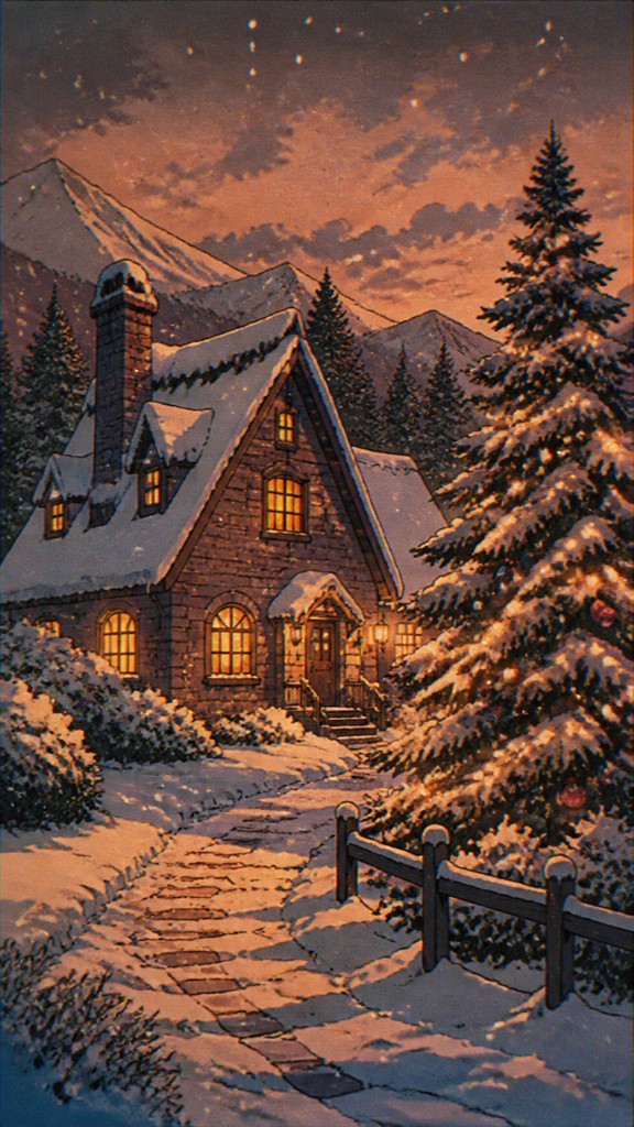 a snow-covered cottage with warm glowing windows beside a decorated pine tree, gentle snowfall, no text