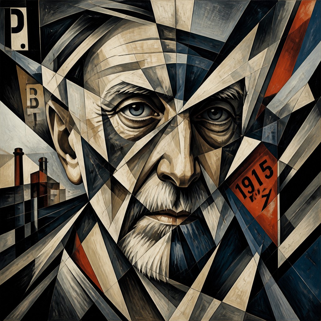 close-up portrait of an elderly person with expressive weathered features — Vorticism Art Style