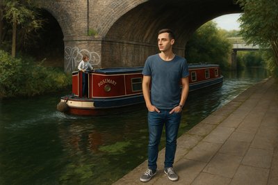 a painting of a man standing in front of a boat