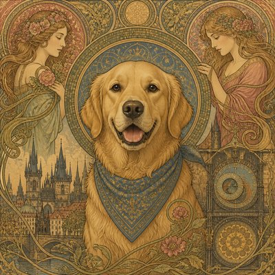portrait of a golden retriever wearing a blue bandana, warm plain backdrop, no text