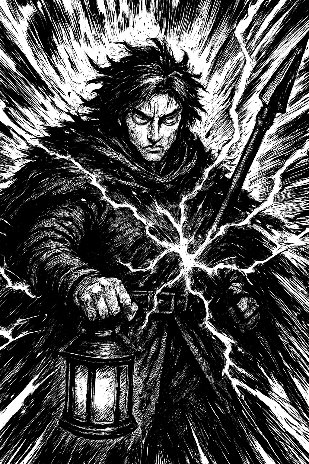 a painting of a man holding a sword and a lantern