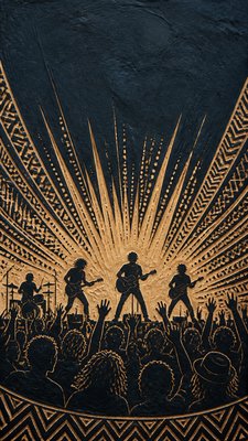 a live music scene with a glowing stage and silhouetted crowd, energetic vertical composition with open space at the top, no text