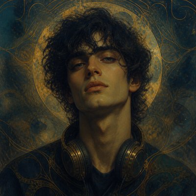head-and-shoulders portrait of an original character: a young man with curly dark hair and headphones around his neck, plain backdrop, no text