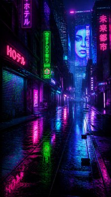 a quiet rainy city street at night reflecting neon signs, no people