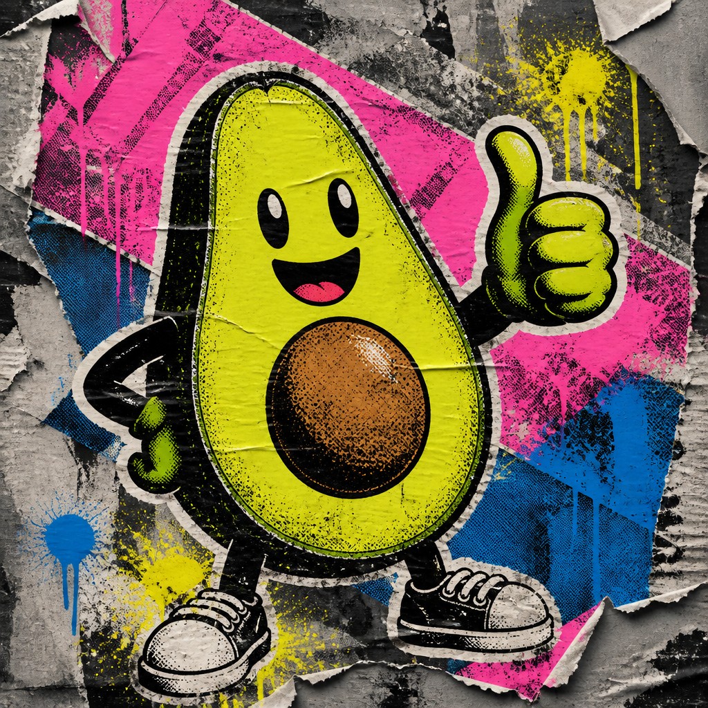 a happy avocado character giving a thumbs up, bold readable design on a plain background, no text