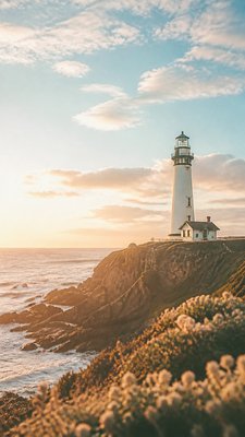 a lone lighthouse on a cliff at dusk under a dramatic sky, no text or lettering