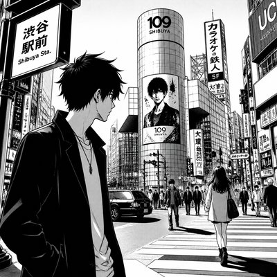 urban street with city activity — Manga Art Style