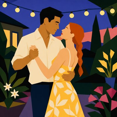 an original couple dancing under string lights in a garden at dusk: a man with short black hair in a linen shirt and a woman with braided red hair in a summer dress