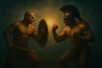 a painting of two men fighting with each other