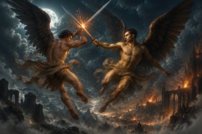 a painting of two angels fighting over a city