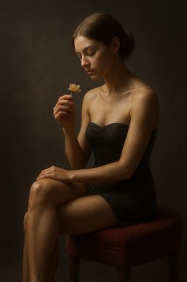 a woman sitting on a chair eating a piece of food