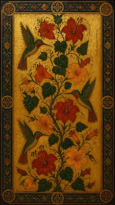 a climbing vine of flowers and hummingbirds on a dark background, tall wrapping composition, no text