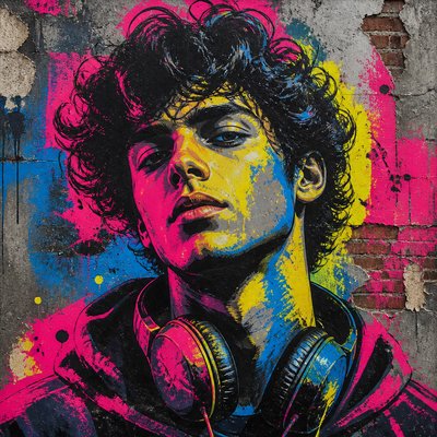 head-and-shoulders portrait of an original character: a young man with curly dark hair and headphones around his neck, plain backdrop, no text