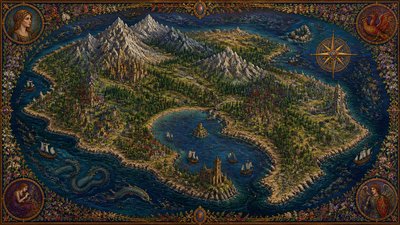 a map of an island realm with mountains, forests, a sheltered bay, sea monsters in the water and a compass rose, no text labels