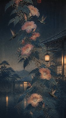 a climbing vine of flowers and hummingbirds on a dark background, tall wrapping composition, no text