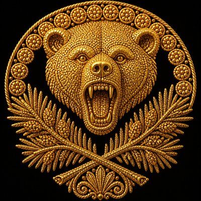 a roaring bear head above crossed pine branches, bold graphic composition on a plain background, no text